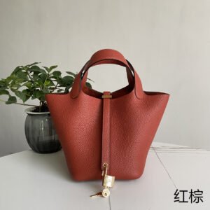 Picotin vegetable basket, red brown gold buckle 18cm, imported TC calfskin, pure hand-stitched beeswax thread, all steel plated with 3N24K thick gold, real photos, long-term stock