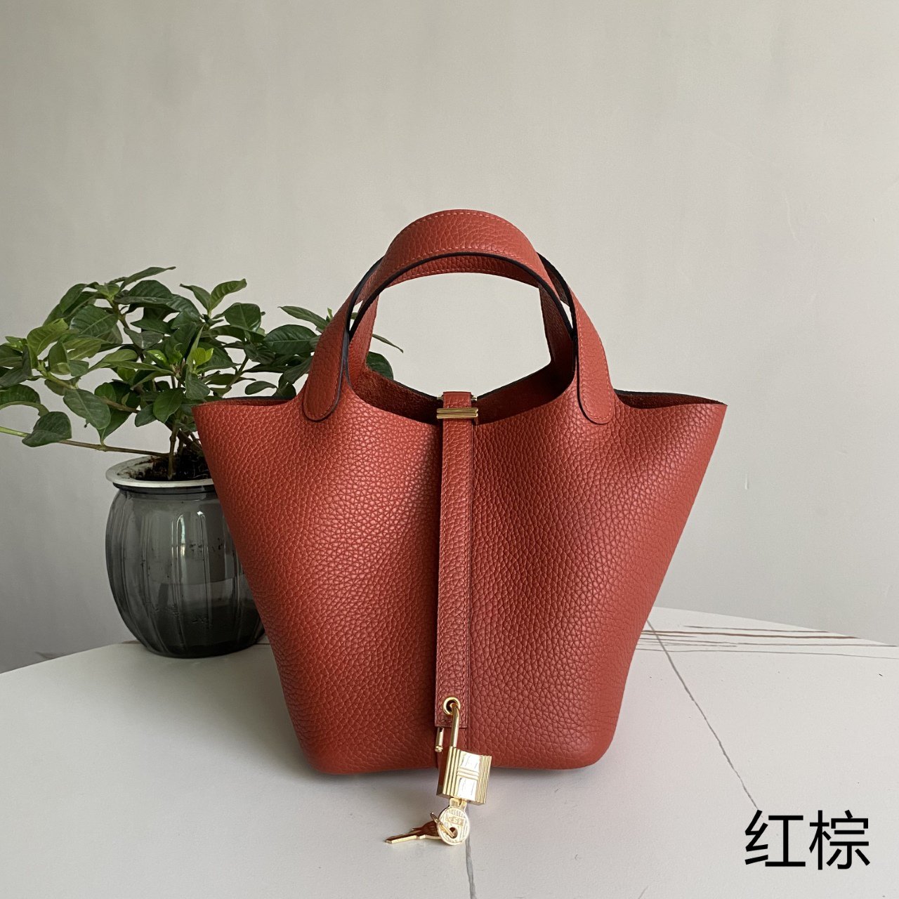 Picotin vegetable basket, red brown gold buckle 18cm, imported TC calfskin, pure hand-stitched beeswax thread, all steel plated with 3N24K thick gold, real photos, long-term stock