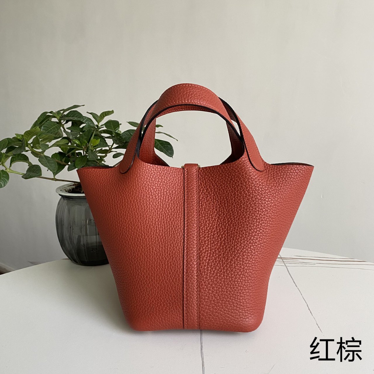 Picotin vegetable basket, red brown gold buckle 18cm, imported TC calfskin, pure hand-stitched beeswax thread, all steel plated with 3N24K thick gold, real photos, long-term stock - Image 2