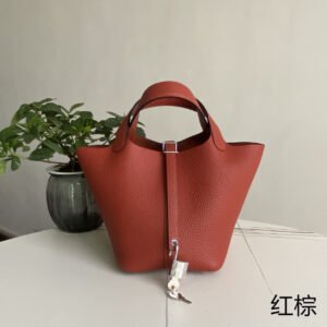 Picotin vegetable basket, red brown silver buckle 18cm, imported TC calfskin, pure hand-stitched beeswax thread, all-steel bright mirror hardware, real photos, long-term ready stock