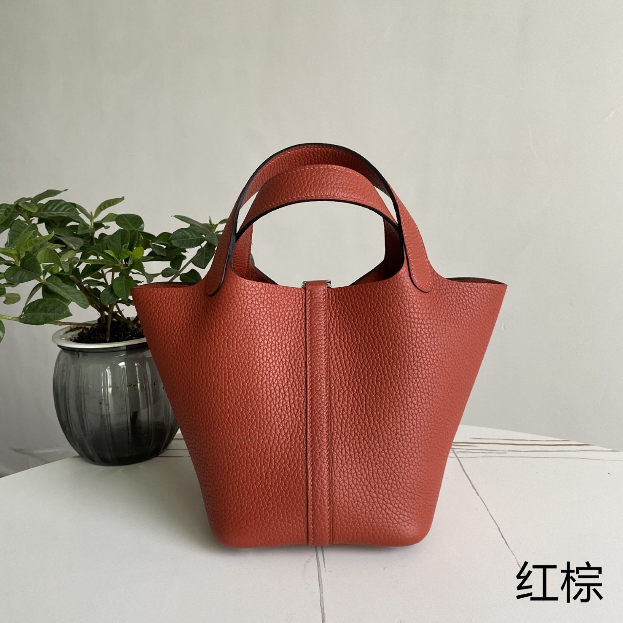 Picotin vegetable basket, red brown silver buckle 18cm, imported TC calfskin, pure hand-stitched beeswax thread, all-steel bright mirror hardware, real photos, long-term ready stock - Image 2