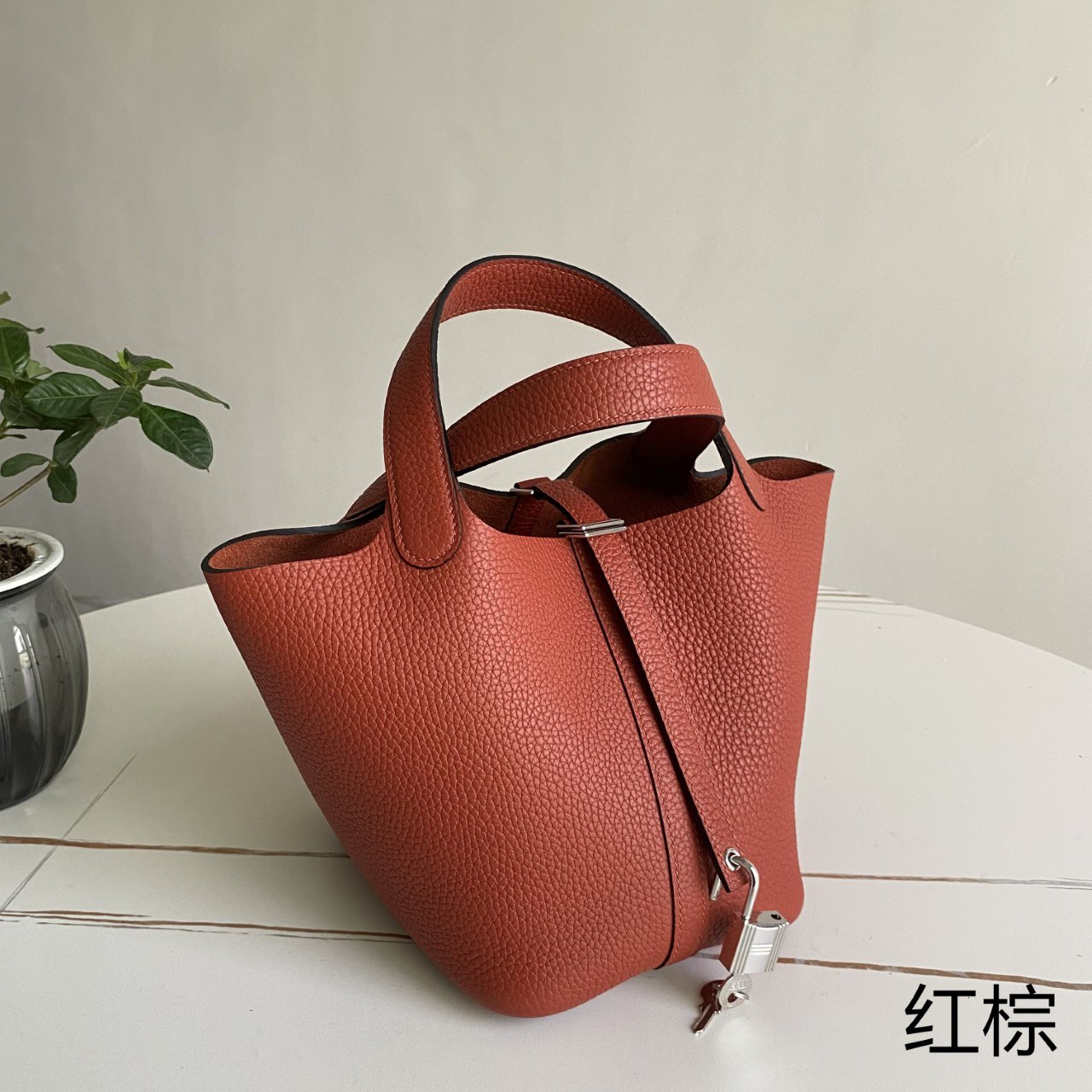 Picotin vegetable basket, red brown silver buckle 18cm, imported TC calfskin, pure hand-stitched beeswax thread, all-steel bright mirror hardware, real photos, long-term ready stock - Image 3