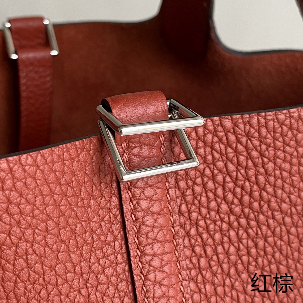 Picotin vegetable basket, red brown silver buckle 18cm, imported TC calfskin, pure hand-stitched beeswax thread, all-steel bright mirror hardware, real photos, long-term ready stock - Image 5